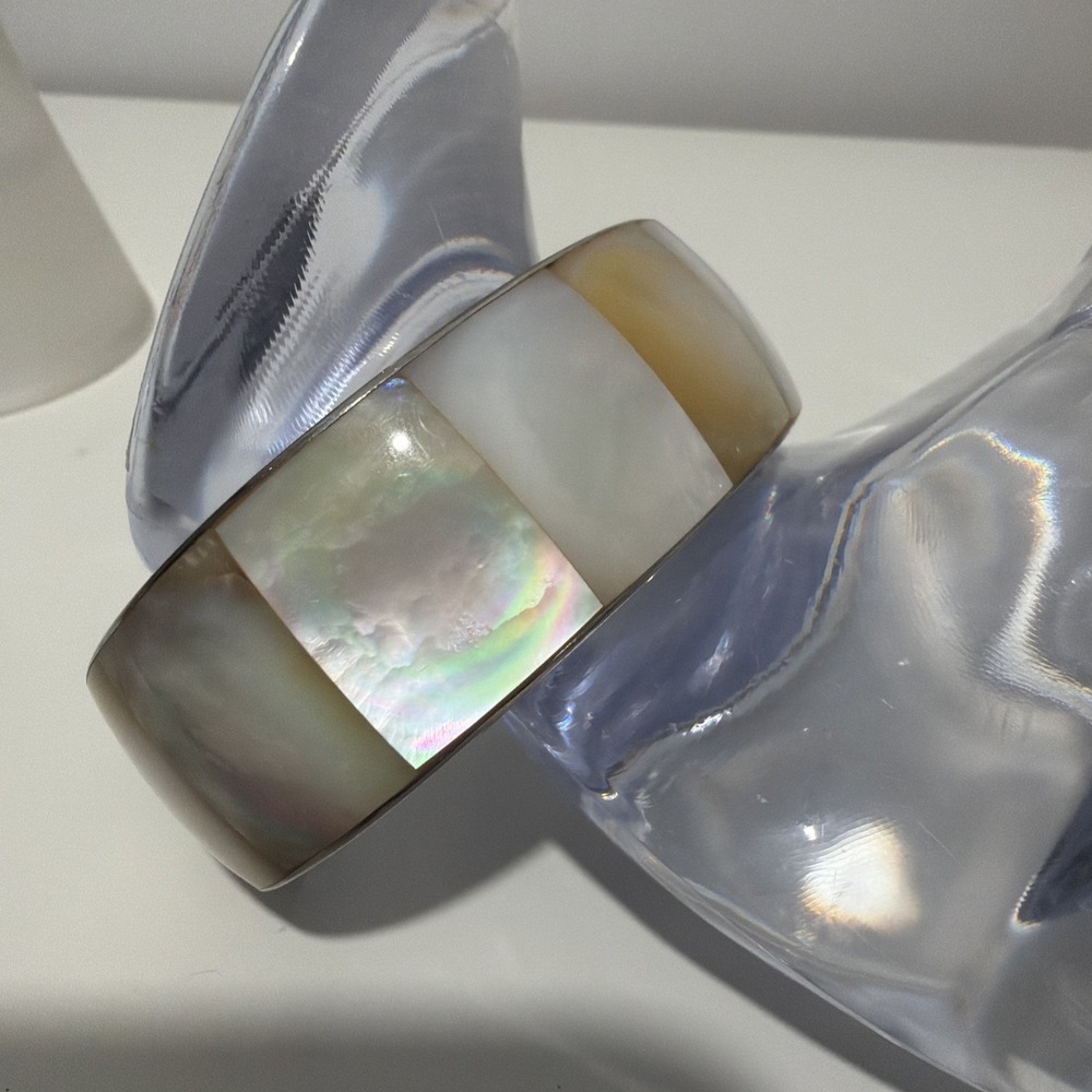 Vintage 90s European Designer Mother of Pearl Inlay Cuff Bracelet MOP White
